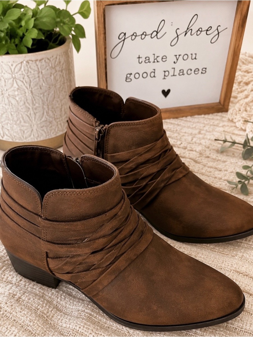 Brown Vegan Leather Ankle Boots with Strap Detailing